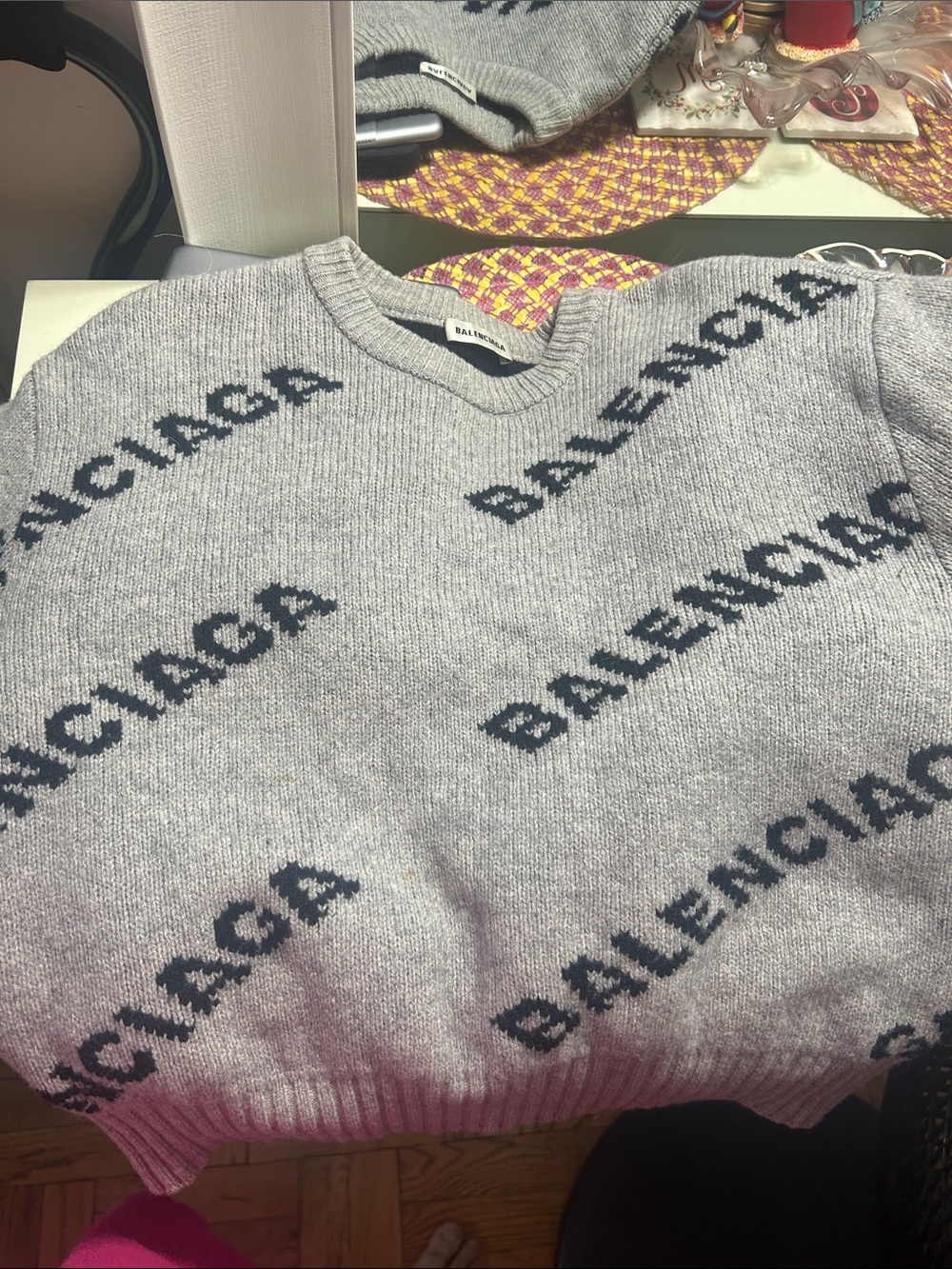 Balenciaga Gray V-Neck All-Over Logo Knit Sweater with Black Script